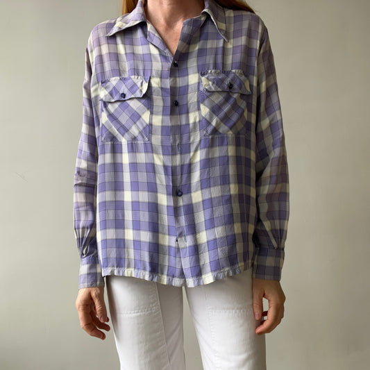 1950s Purple Plaid Rayon Button Up Shirt - TINA COLLECTION ***