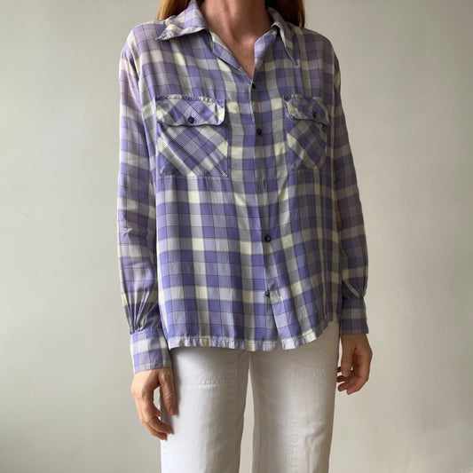1950s Purple Plaid Rayon Button Up Shirt - TINA COLLECTION ***