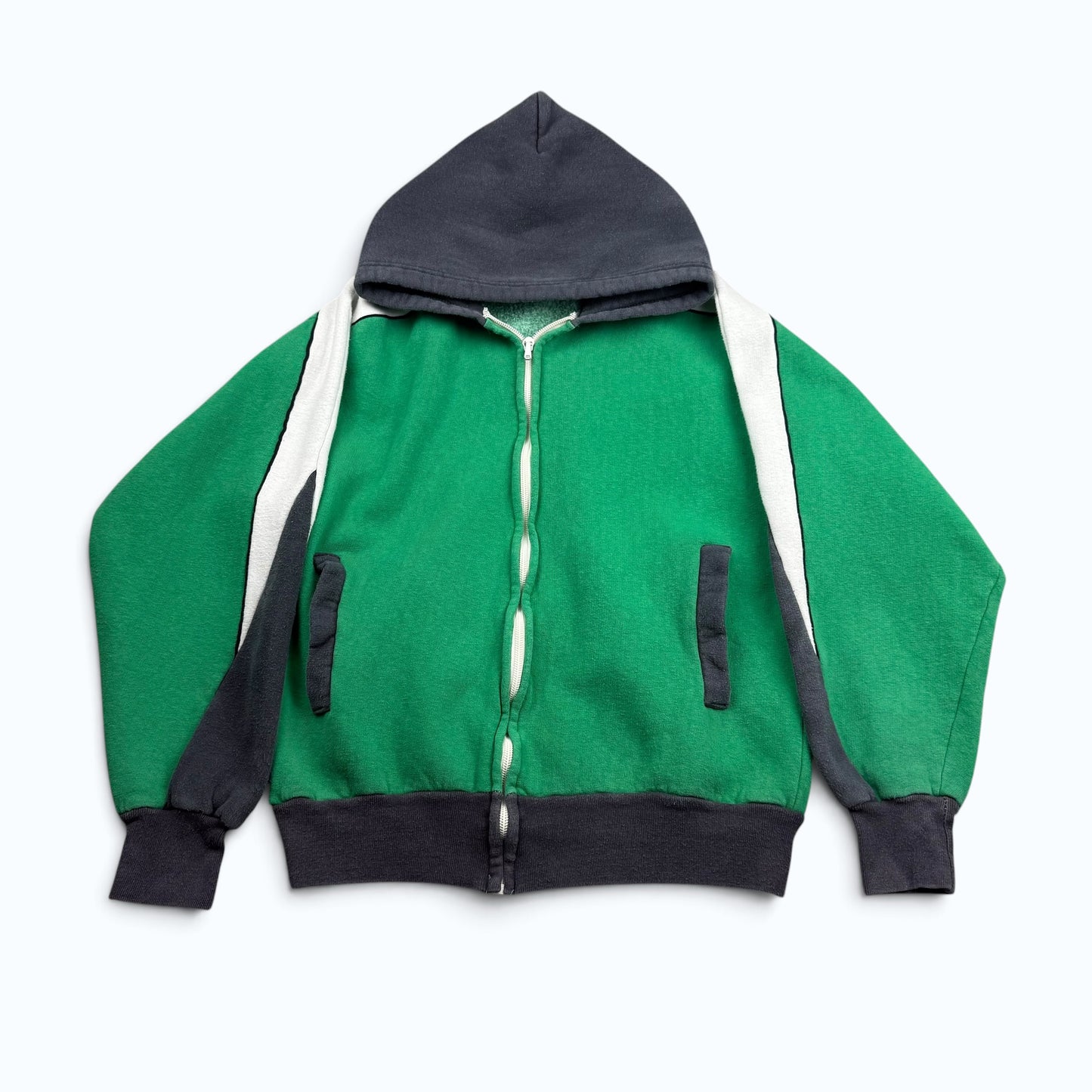 1970s Green, Black and White Color Block Zip Hoodie