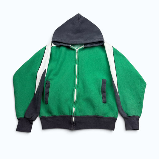 1970s Green, Black and White Color Block Zip Hoodie
