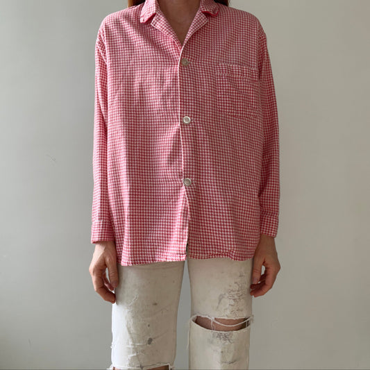 1960s/70s Red And White Houndstooth Pajama Top - Soft Lightweight Cotton Flannel