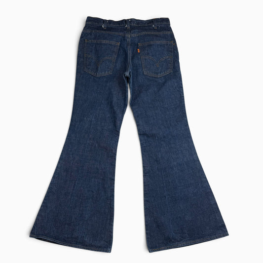 1970s Dark Wash Levis Orange Tab Bell Bottom Dark Wash Denim Jeans