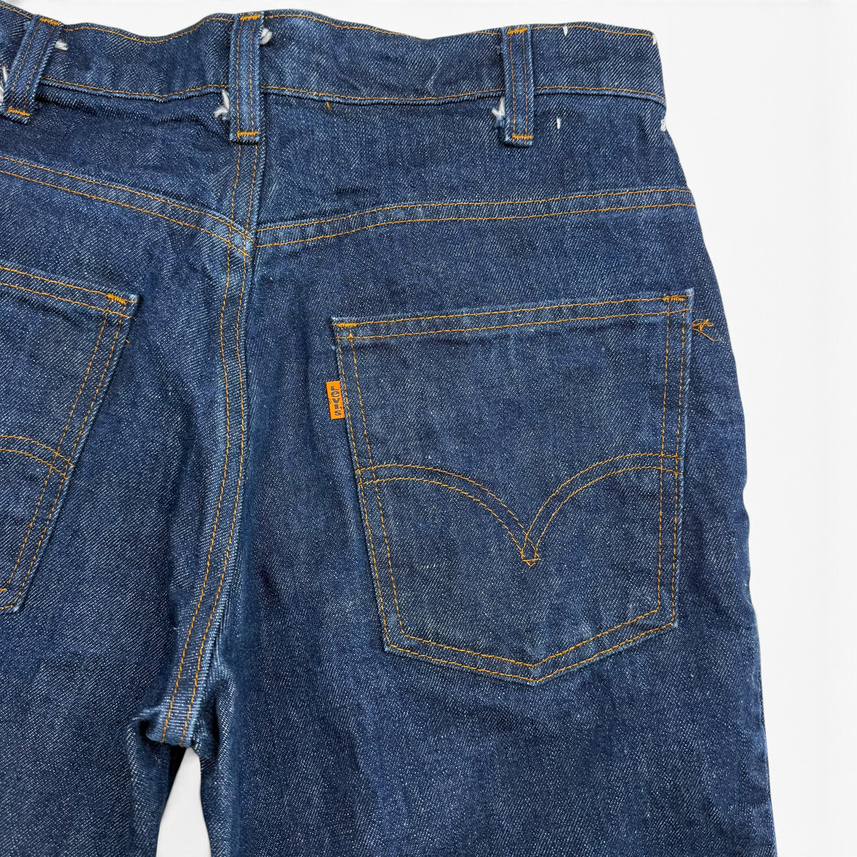 1970s Dark Wash Levis Orange Tab Bell Bottom Dark Wash Denim Jeans