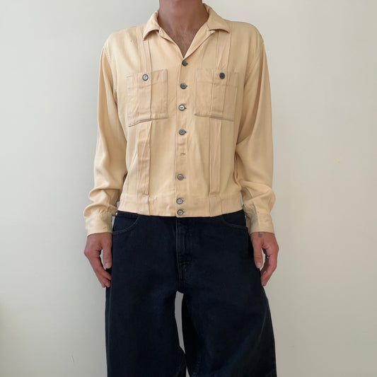 1940s Rayon Gabardine Corduroy Loop Collar Button Up Shirt TINA COLLECTION