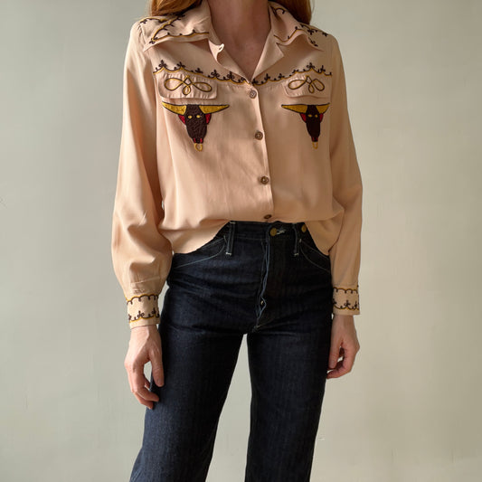 1950s Bull Embroidered Gabardine Rockabilly Shirt - TINA COLLECTION - !!!!!!!!!!!!!!!!!!!!!!!